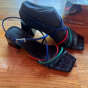 Sigerson Morrison Black Sandals with Blue, Red & Green Straps